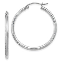 14k White Gold Satin and Diamond-cut 2mm Round Hoop Earrings-TC196