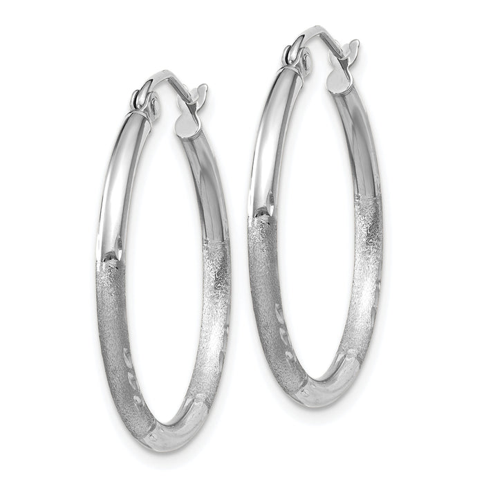 14k White Gold Satin and Diamond-cut 2mm Round Hoop Earrings-TC197