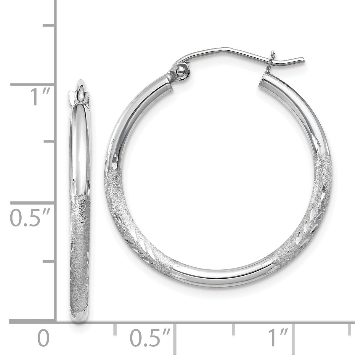 14k White Gold Satin and Diamond-cut 2mm Round Hoop Earrings-TC197