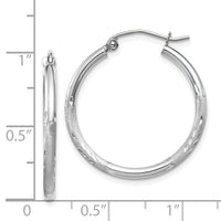 14k White Gold Satin and Diamond-cut 2mm Round Hoop Earrings-TC197
