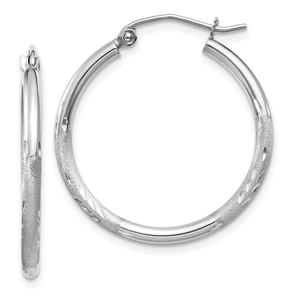14k White Gold Satin and Diamond-cut 2mm Round Hoop Earrings-TC197