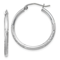 14k White Gold Satin and Diamond-cut 2mm Round Hoop Earrings-TC197