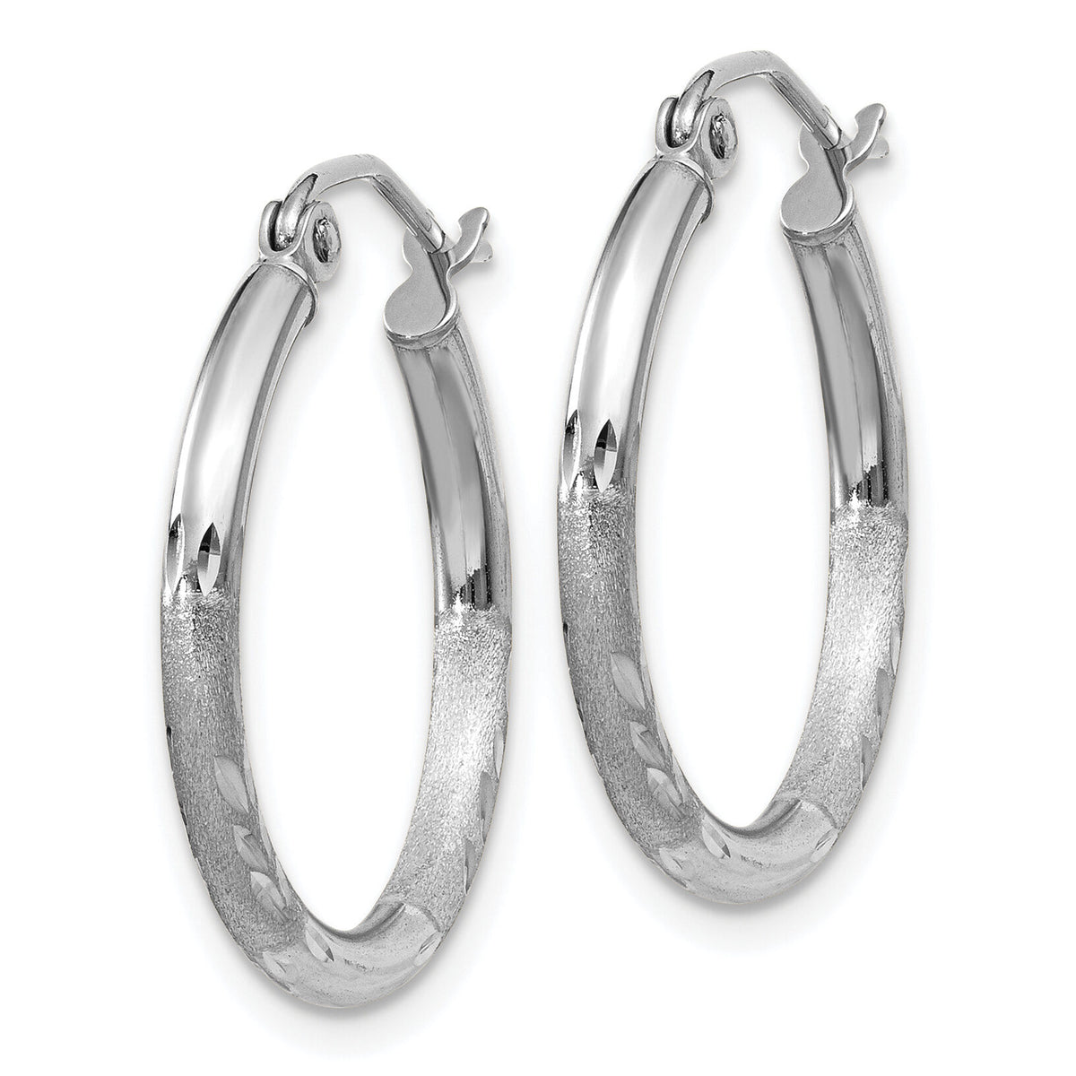 14k White Gold Satin and Diamond-cut 2mm Round Hoop Earrings-TC198