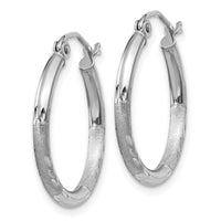 14k White Gold Satin and Diamond-cut 2mm Round Hoop Earrings-TC198