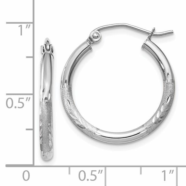 14k White Gold Satin and Diamond-cut 2mm Round Hoop Earrings-TC198