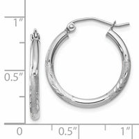 14k White Gold Satin and Diamond-cut 2mm Round Hoop Earrings-TC198