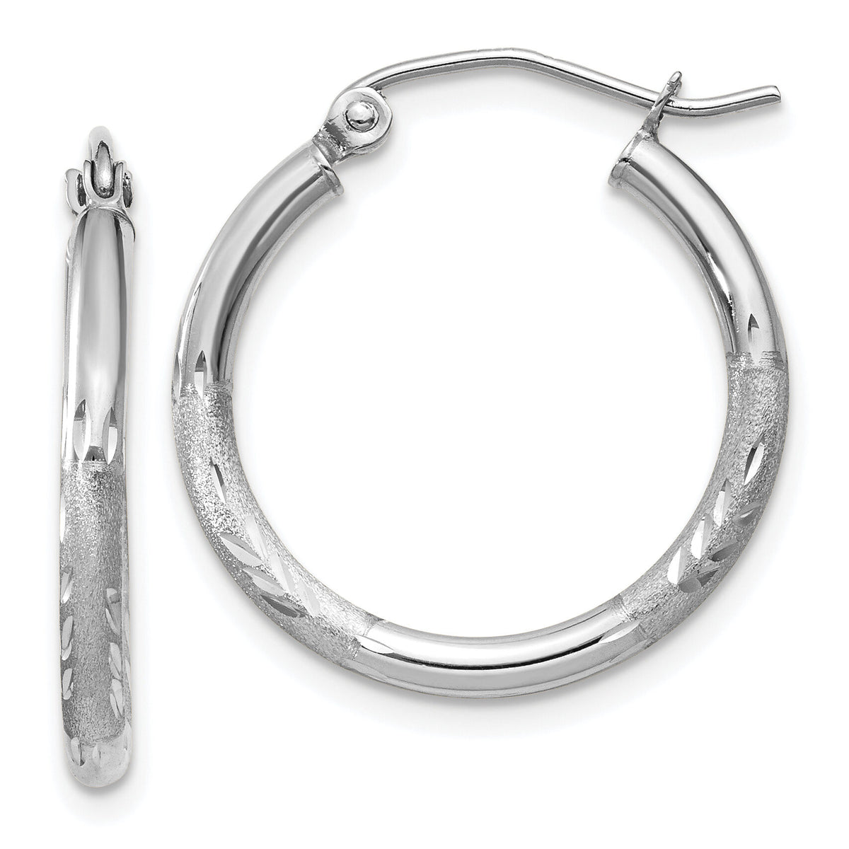 14k White Gold Satin and Diamond-cut 2mm Round Hoop Earrings-TC198