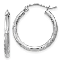 14k White Gold Satin and Diamond-cut 2mm Round Hoop Earrings-TC198