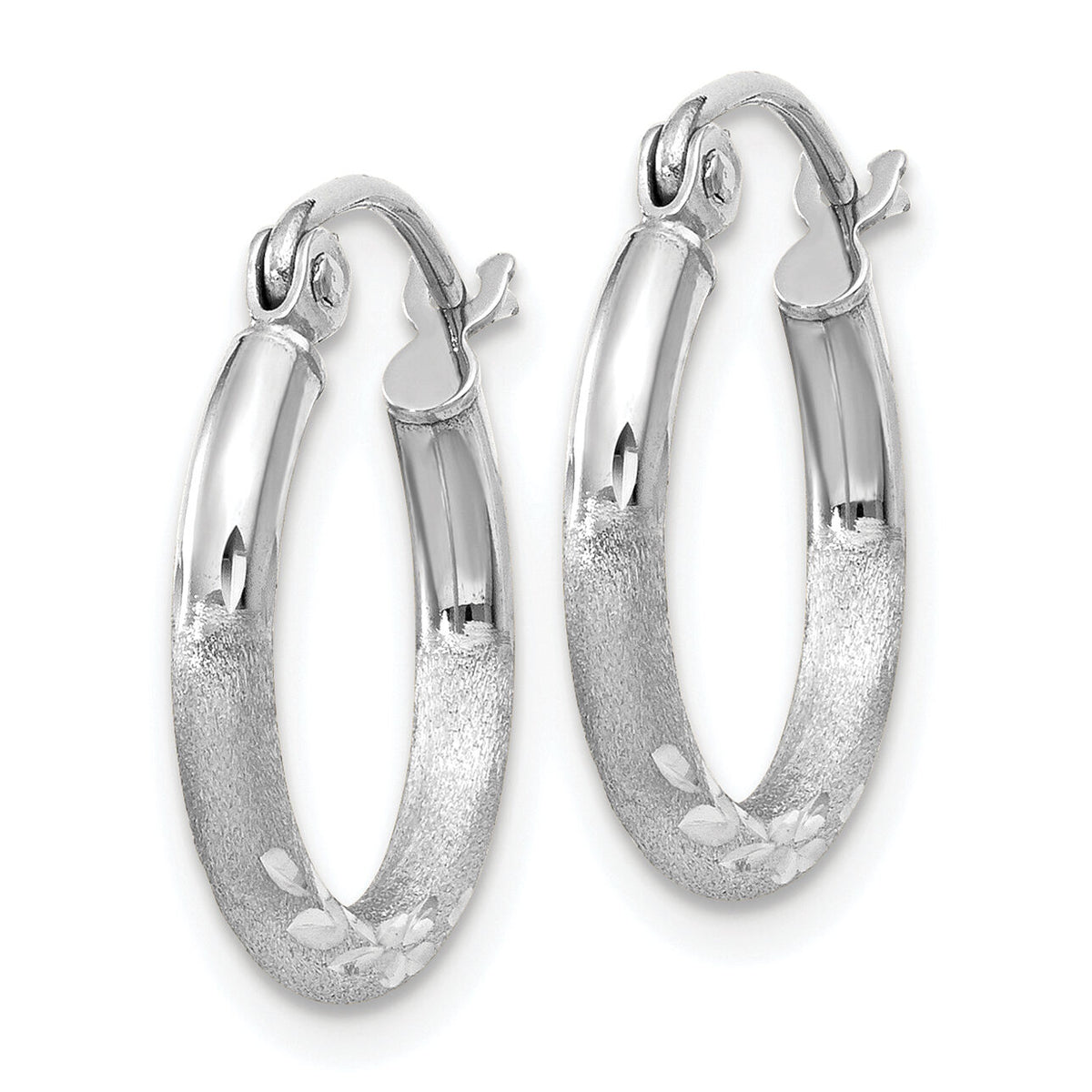 14k White Gold Satin and Diamond-cut 2mm Round Hoop Earrings-TC199