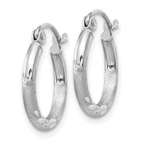14k White Gold Satin and Diamond-cut 2mm Round Hoop Earrings-TC199