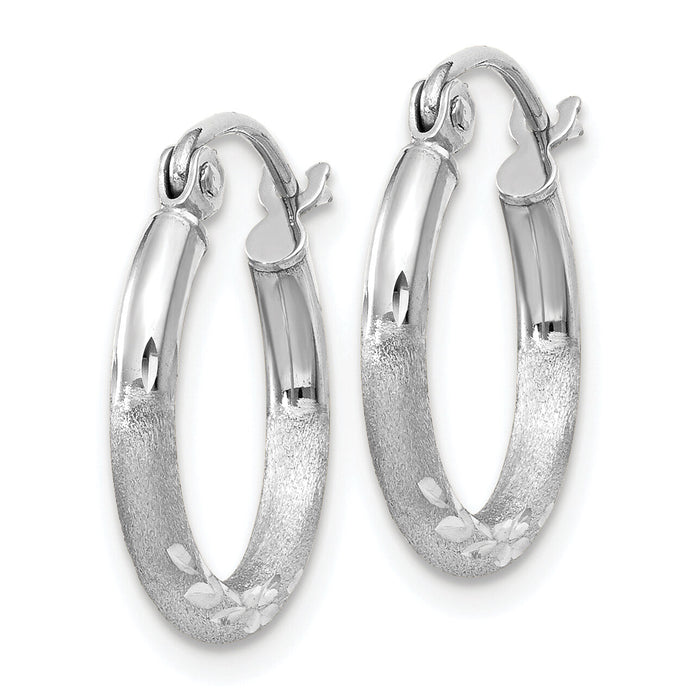 14k White Gold Satin and Diamond-cut 2mm Round Hoop Earrings-TC199