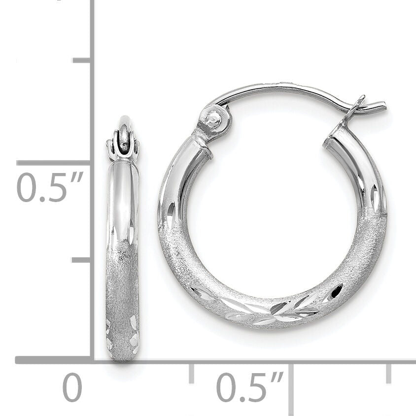 14k White Gold Satin and Diamond-cut 2mm Round Hoop Earrings-TC199