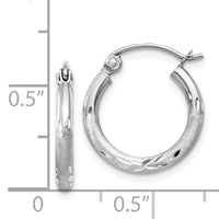 14k White Gold Satin and Diamond-cut 2mm Round Hoop Earrings-TC199