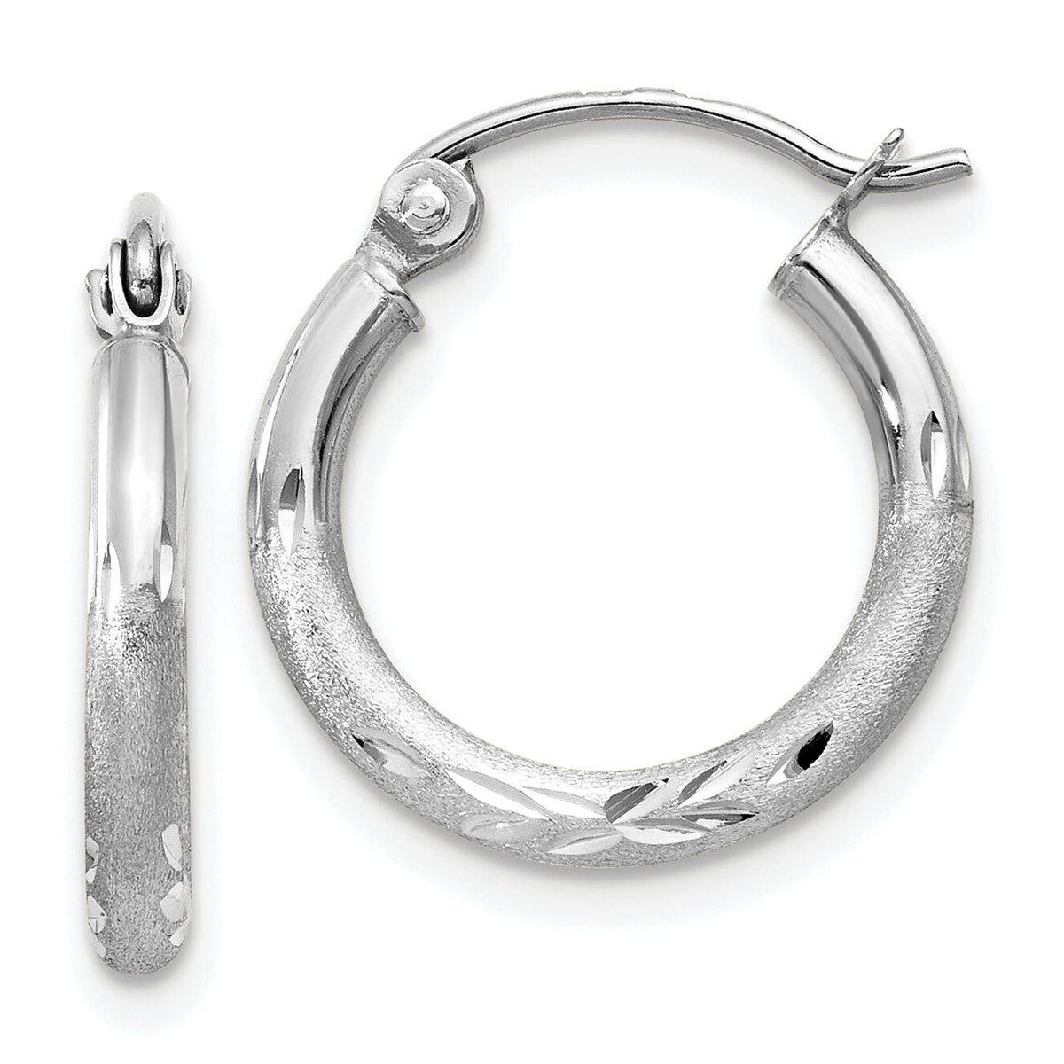14k White Gold Satin and Diamond-cut 2mm Round Hoop Earrings-TC199