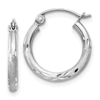 14k White Gold Satin and Diamond-cut 2mm Round Hoop Earrings-TC199