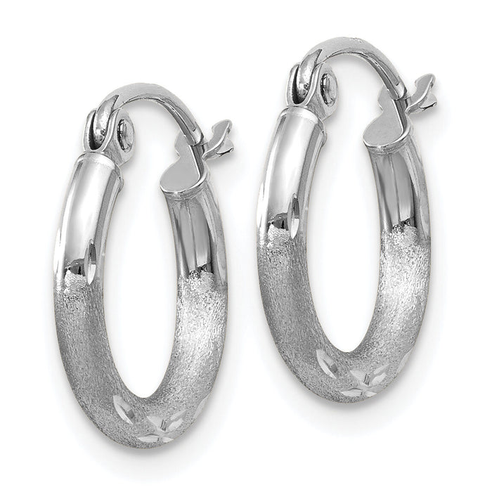 14k White Gold Satin and Diamond-cut 2mm Round Hoop Earrings-TC200