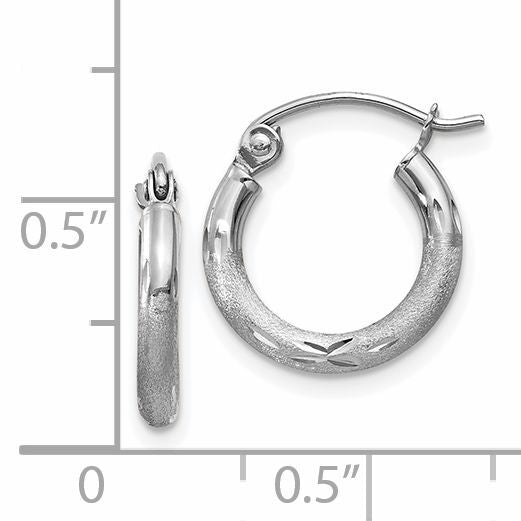 14k White Gold Satin and Diamond-cut 2mm Round Hoop Earrings-TC200