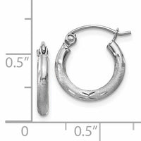 14k White Gold Satin and Diamond-cut 2mm Round Hoop Earrings-TC200