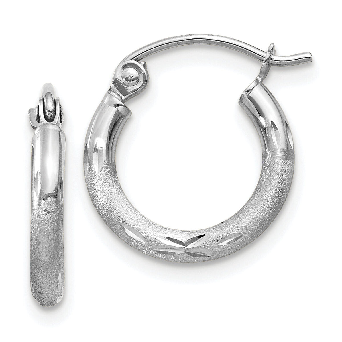 14k White Gold Satin and Diamond-cut 2mm Round Hoop Earrings-TC200