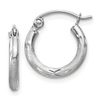 14k White Gold Satin and Diamond-cut 2mm Round Hoop Earrings-TC200