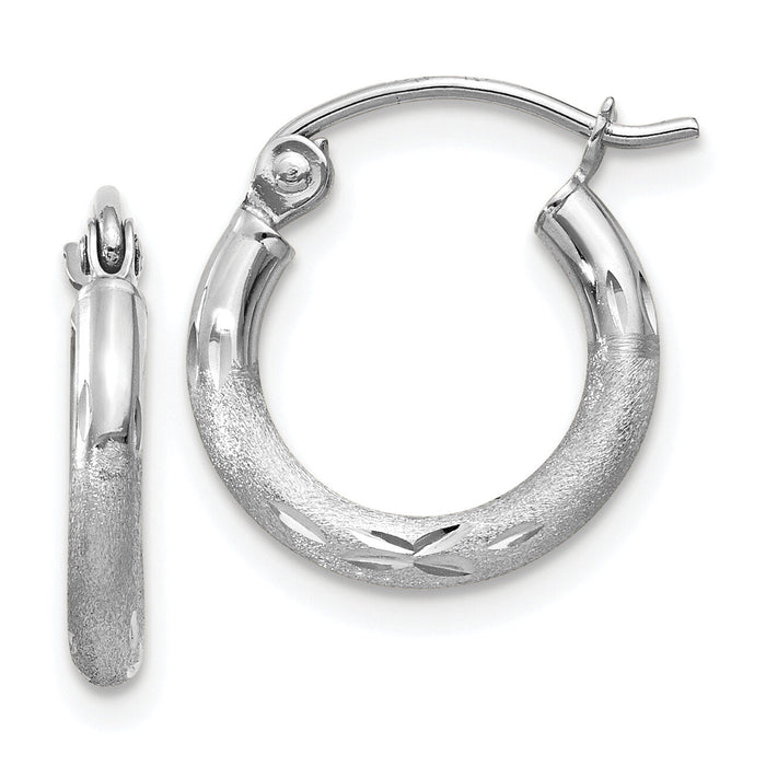 14k White Gold Satin and Diamond-cut 2mm Round Hoop Earrings-TC200