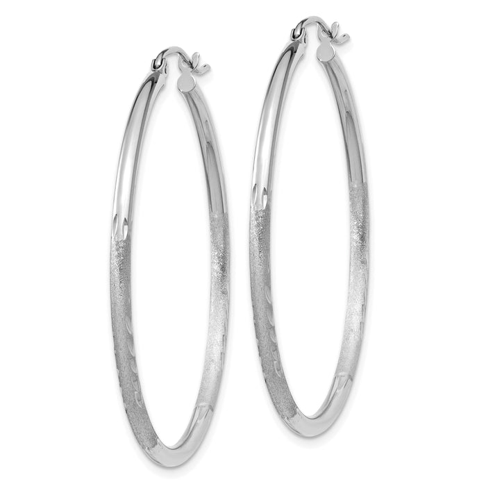 14k White Gold Satin and Diamond-cut 2mm Round Hoop Earrings-TC201