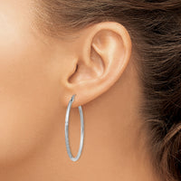 14k White Gold Satin and Diamond-cut 2mm Round Hoop Earrings-TC201