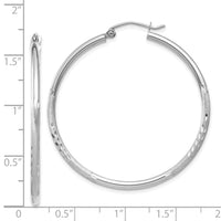 14k White Gold Satin and Diamond-cut 2mm Round Hoop Earrings-TC201