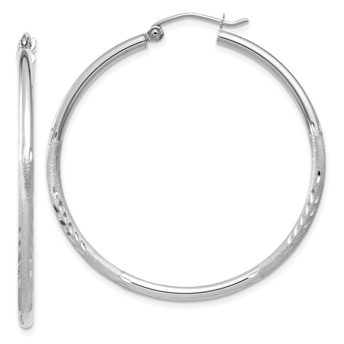 14k White Gold Satin and Diamond-cut 2mm Round Hoop Earrings-TC201