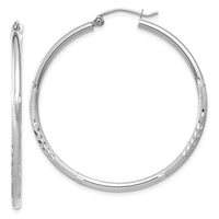 14k White Gold Satin and Diamond-cut 2mm Round Hoop Earrings-TC201