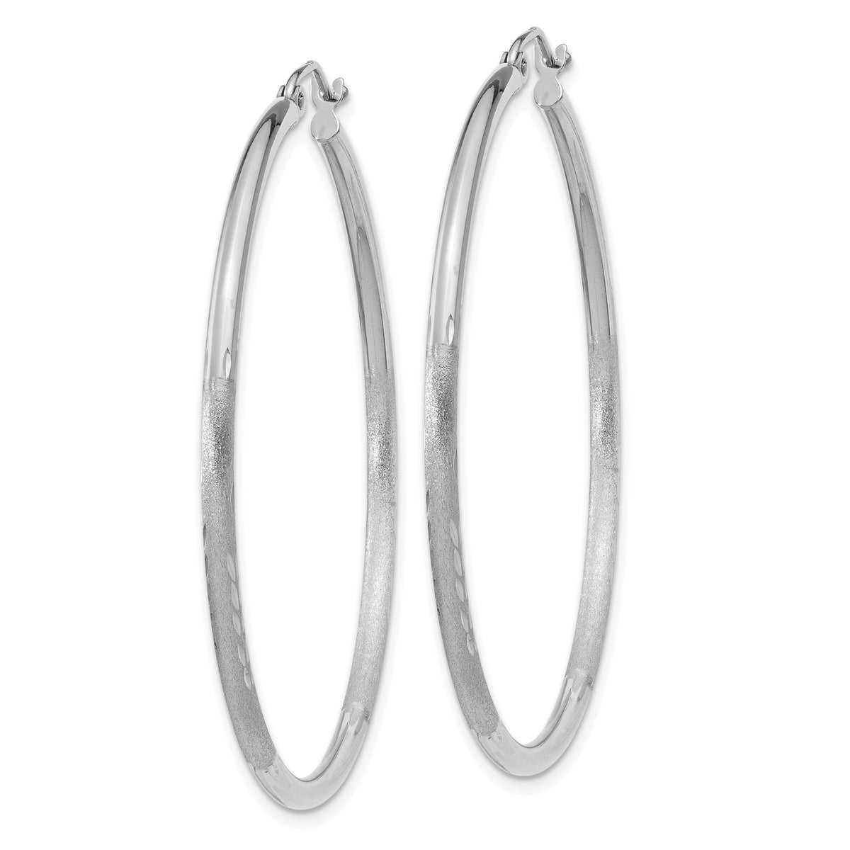 14k White Gold Satin and Diamond-cut 2mm Round Hoop Earrings-TC202