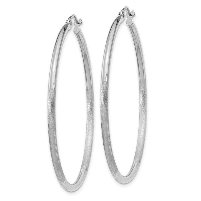 14k White Gold Satin and Diamond-cut 2mm Round Hoop Earrings-TC202