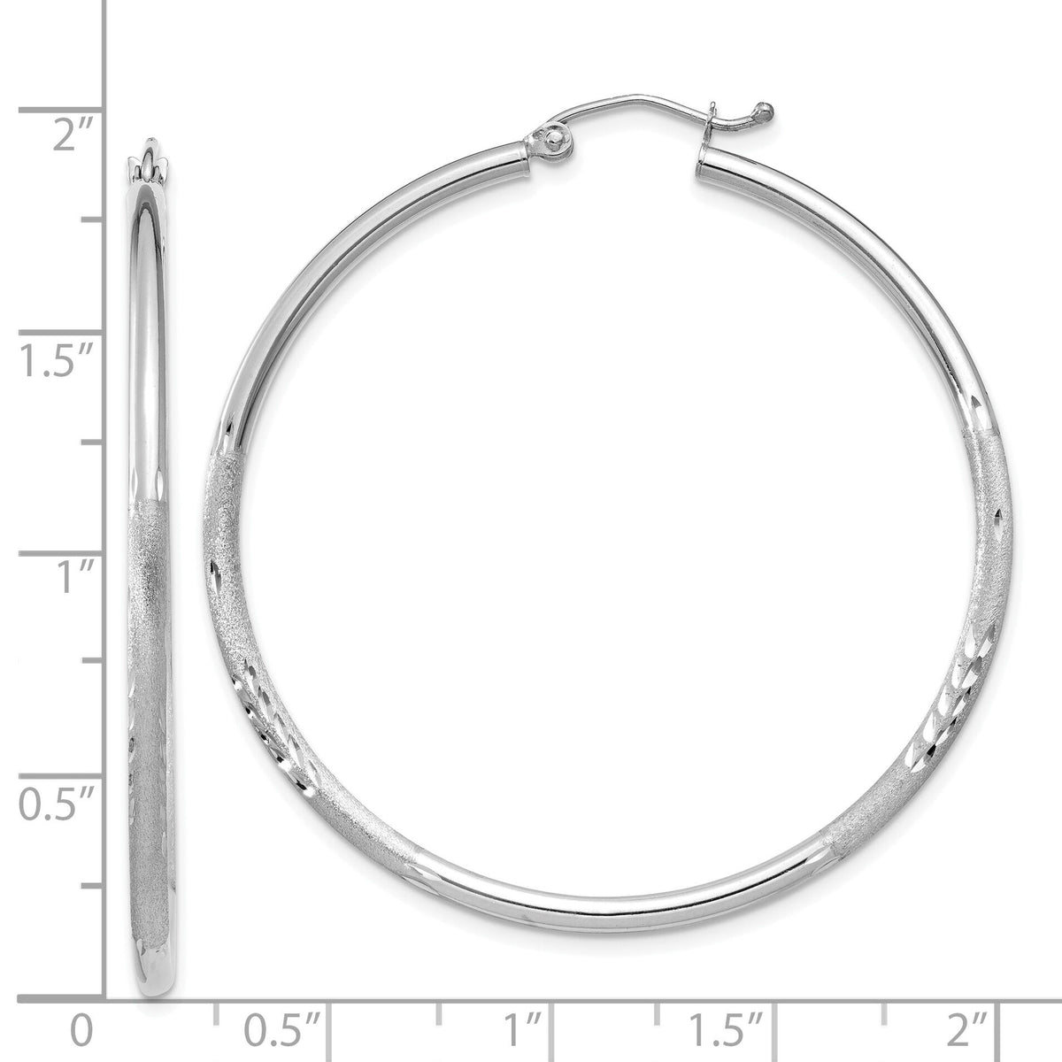 14k White Gold Satin and Diamond-cut 2mm Round Hoop Earrings-TC202