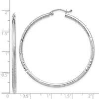 14k White Gold Satin and Diamond-cut 2mm Round Hoop Earrings-TC202