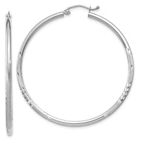 14k White Gold Satin and Diamond-cut 2mm Round Hoop Earrings-TC202