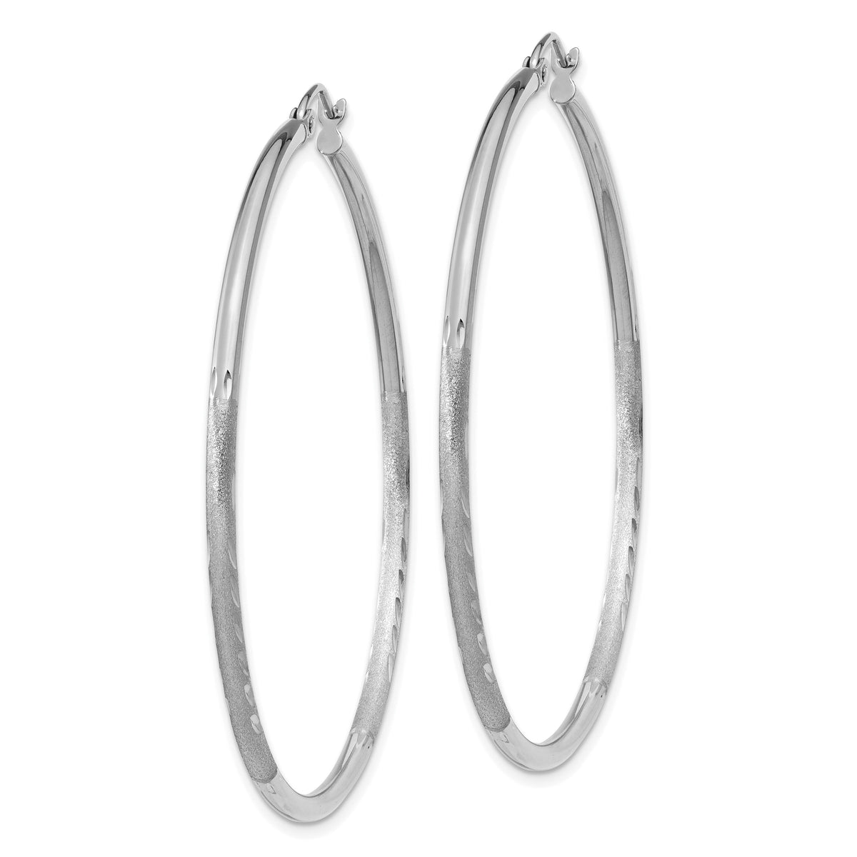 14k White Gold Satin and Diamond-cut 2mm Round Hoop Earrings-TC203