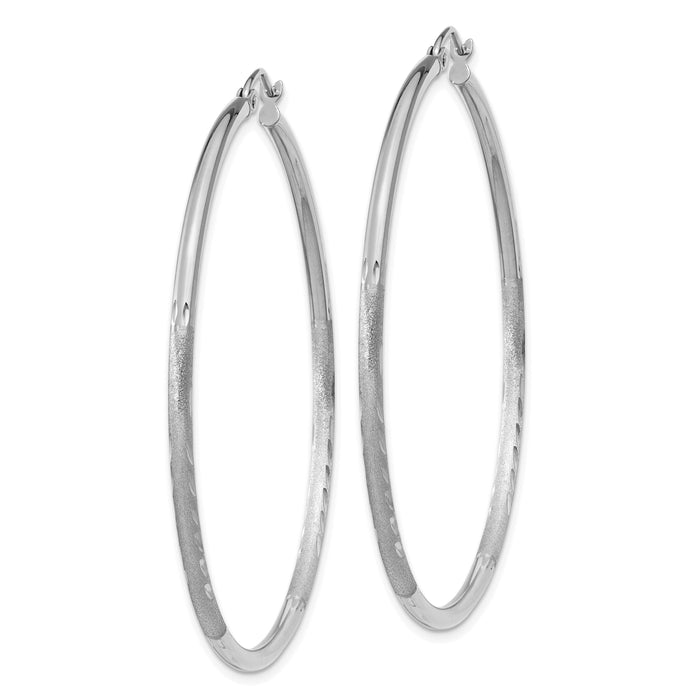 14k White Gold Satin and Diamond-cut 2mm Round Hoop Earrings-TC203