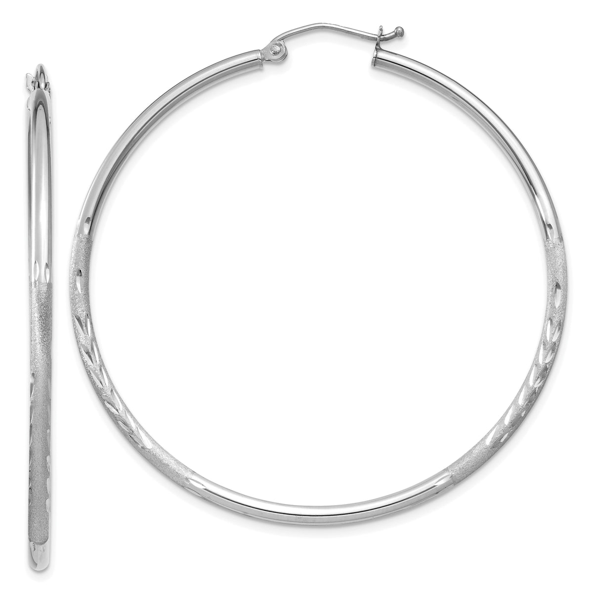 14k White Gold Satin and Diamond-cut 2mm Round Hoop Earrings-TC203
