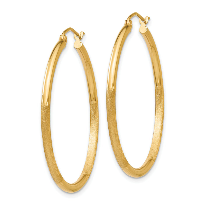 14k Satin and Diamond-cut 2mm Round Tube Hoop Earrings-TC207