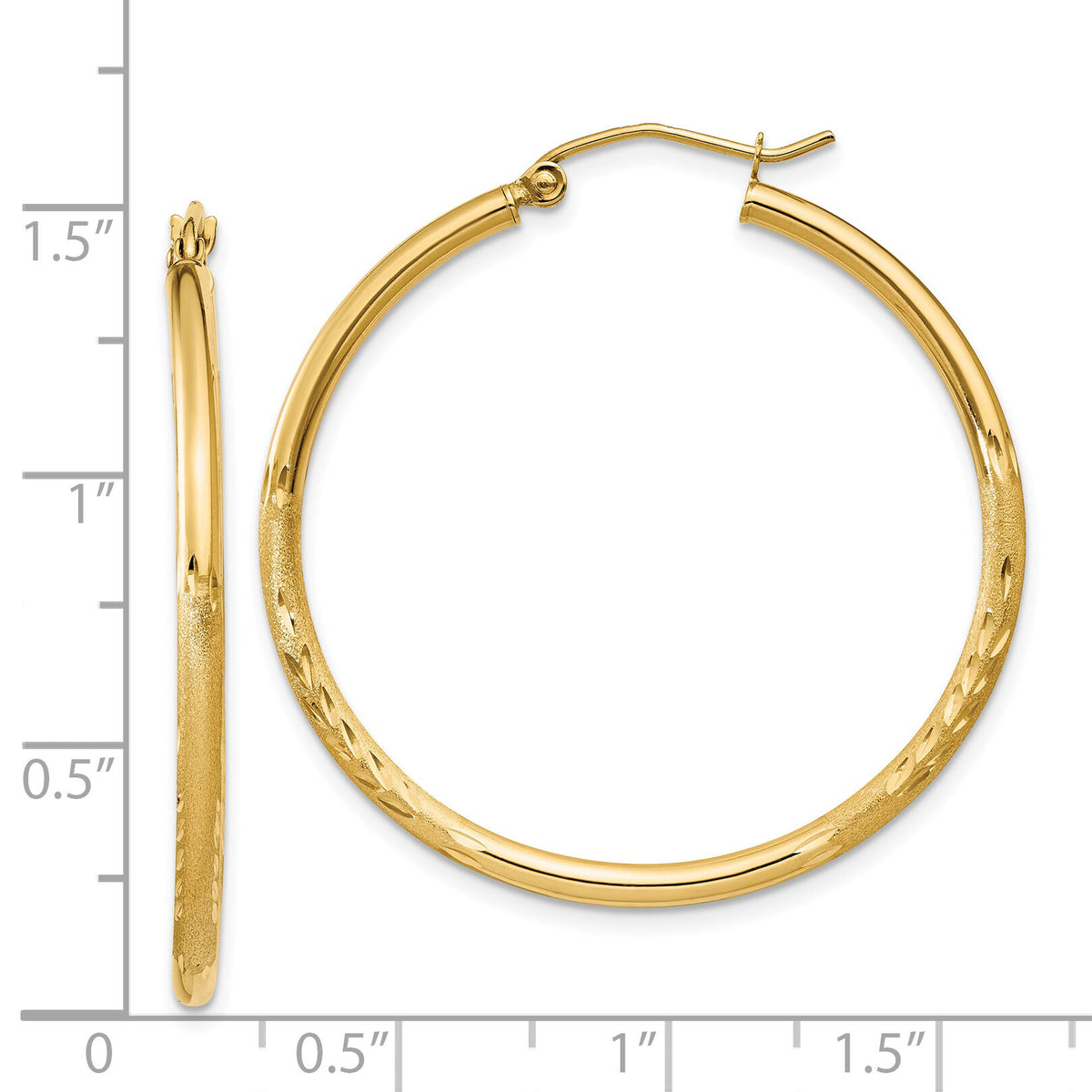 14k Satin and Diamond-cut 2mm Round Tube Hoop Earrings-TC207