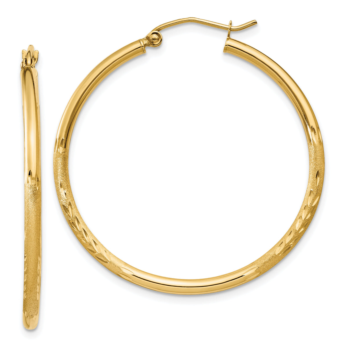 14k Satin and Diamond-cut 2mm Round Tube Hoop Earrings-TC207