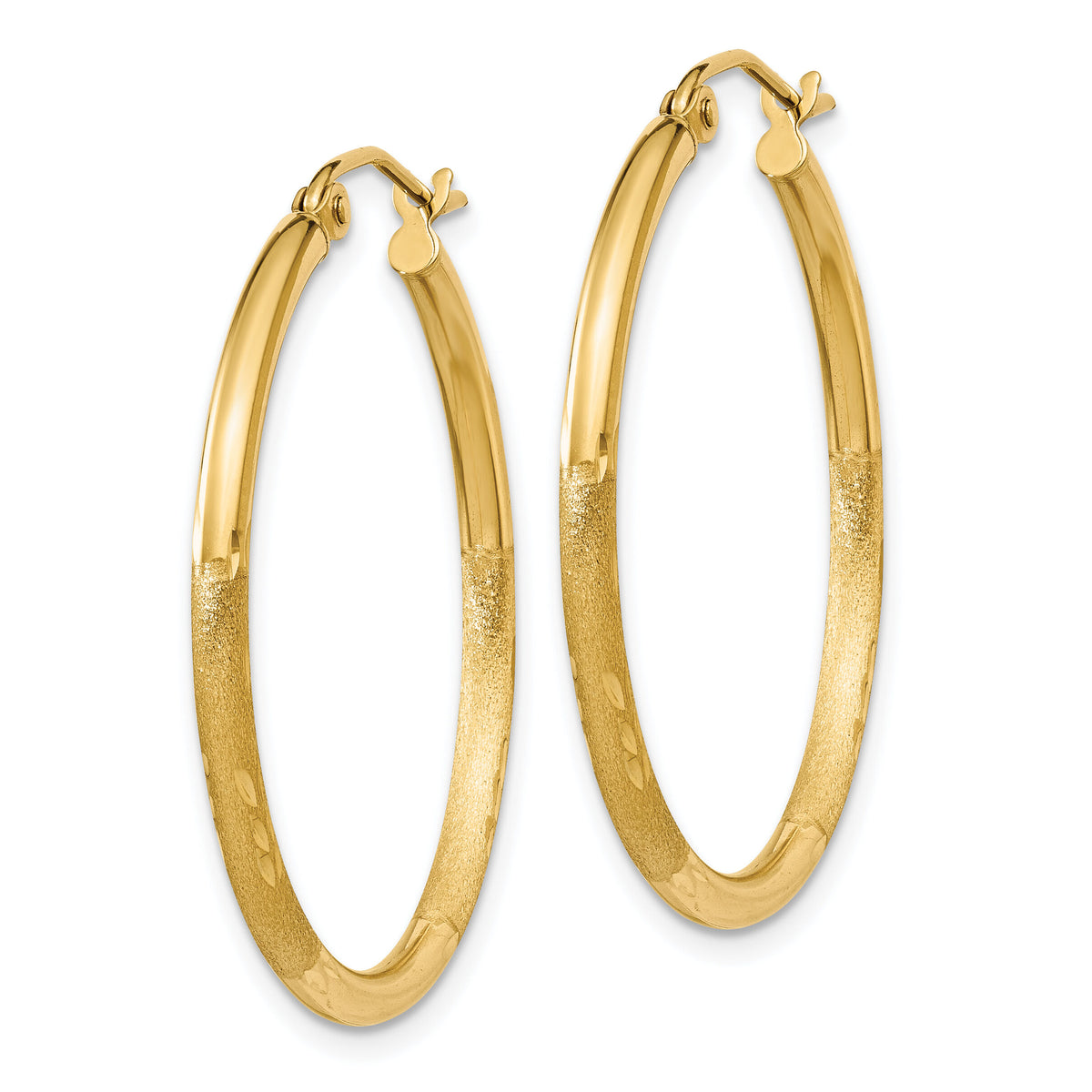 14k Satin and Diamond-cut 2mm Round Tube Hoop Earrings-TC208
