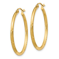 14k Satin and Diamond-cut 2mm Round Tube Hoop Earrings-TC208
