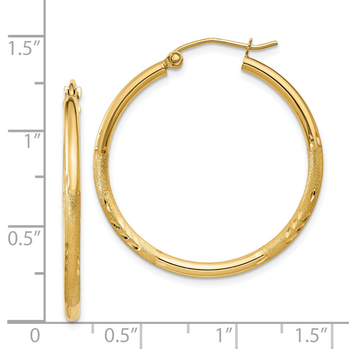 14k Satin and Diamond-cut 2mm Round Tube Hoop Earrings-TC208