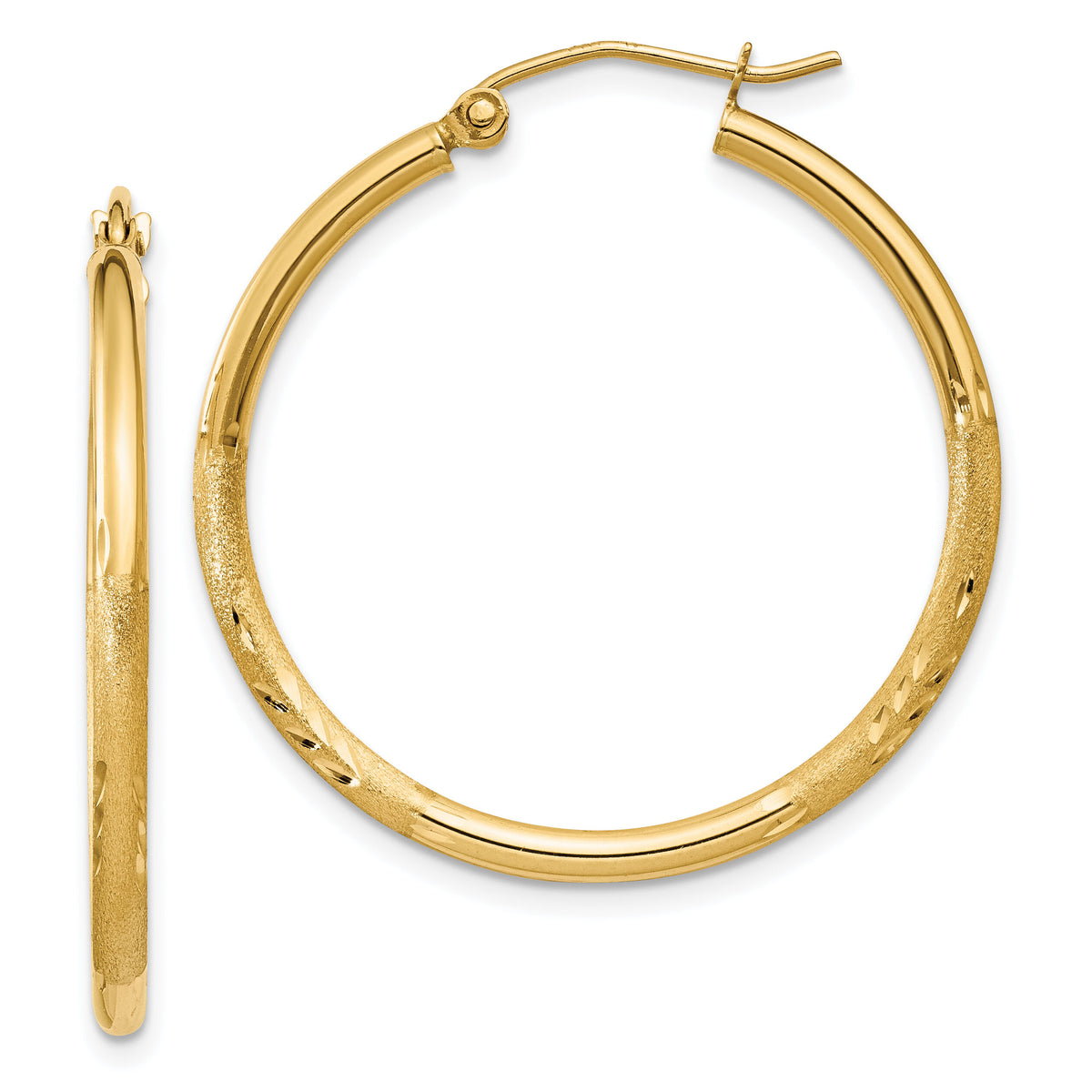 14k Satin and Diamond-cut 2mm Round Tube Hoop Earrings-TC208