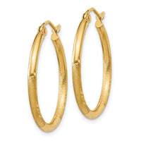 14k Satin and Diamond-cut 2mm Round Tube Hoop Earrings-TC209