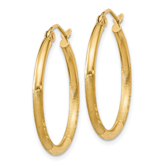 14k Satin and Diamond-cut 2mm Round Tube Hoop Earrings-TC209