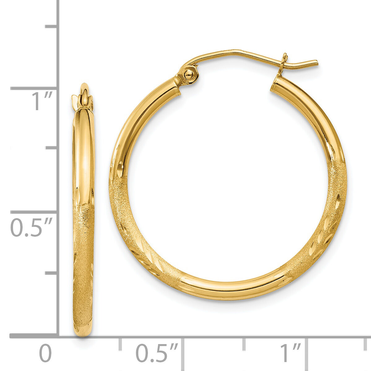 14k Satin and Diamond-cut 2mm Round Tube Hoop Earrings-TC209