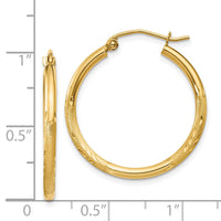 14k Satin and Diamond-cut 2mm Round Tube Hoop Earrings-TC209