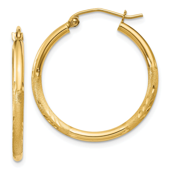 14k Satin and Diamond-cut 2mm Round Tube Hoop Earrings-TC209